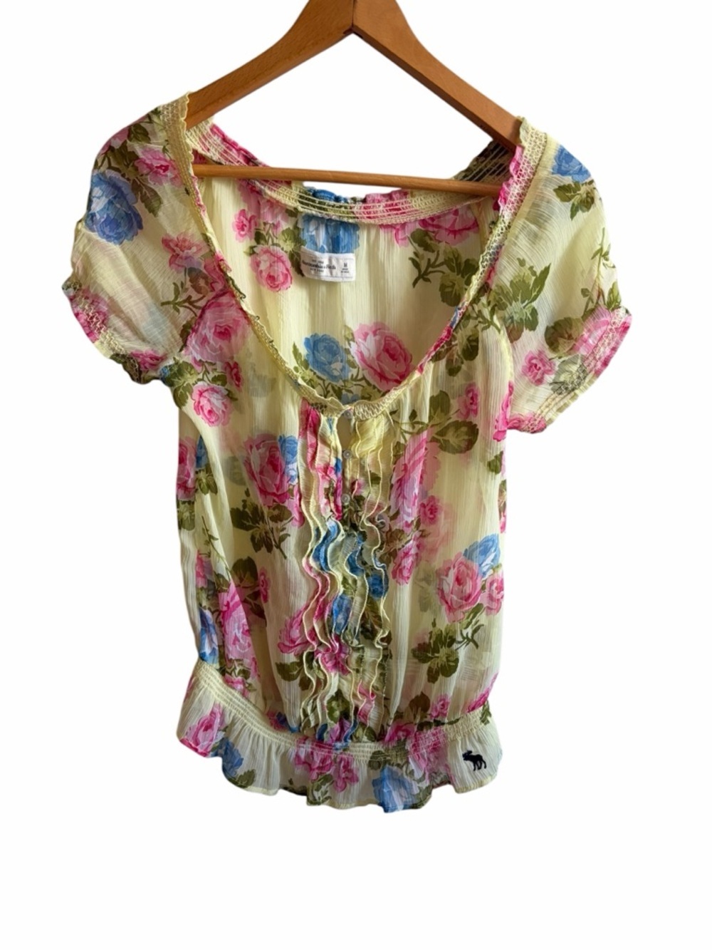 Vintage Abercrombie & Fitch Yellow Floral Ruffle V-Neck Blouse